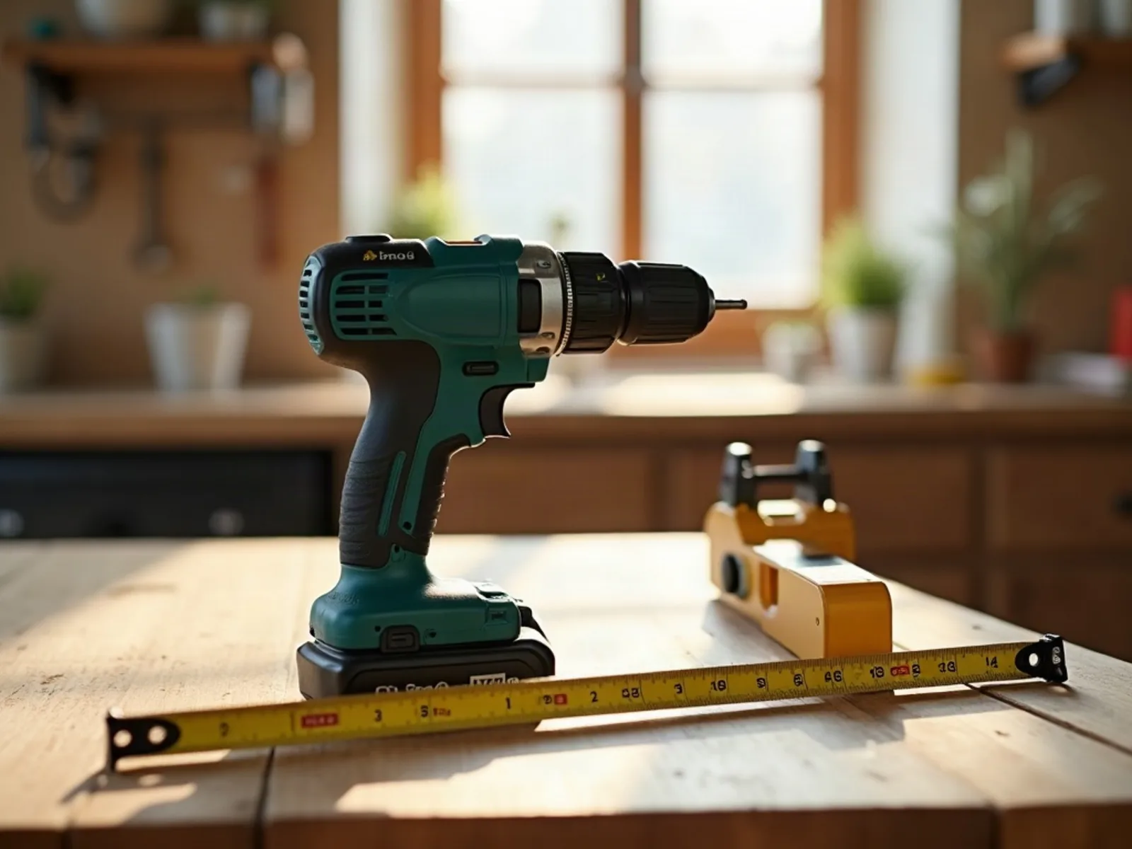 Cordless drill, spirit level and tape measure on an oak workbench by a window