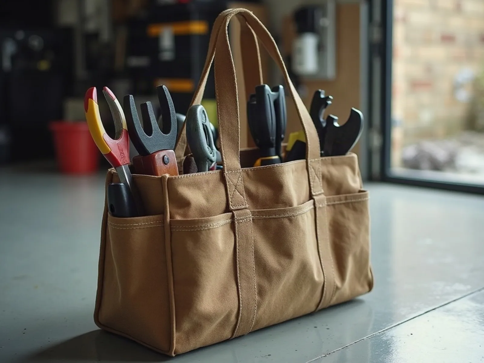 Hand tools packed in a canvas tool bag on a clean garage floor